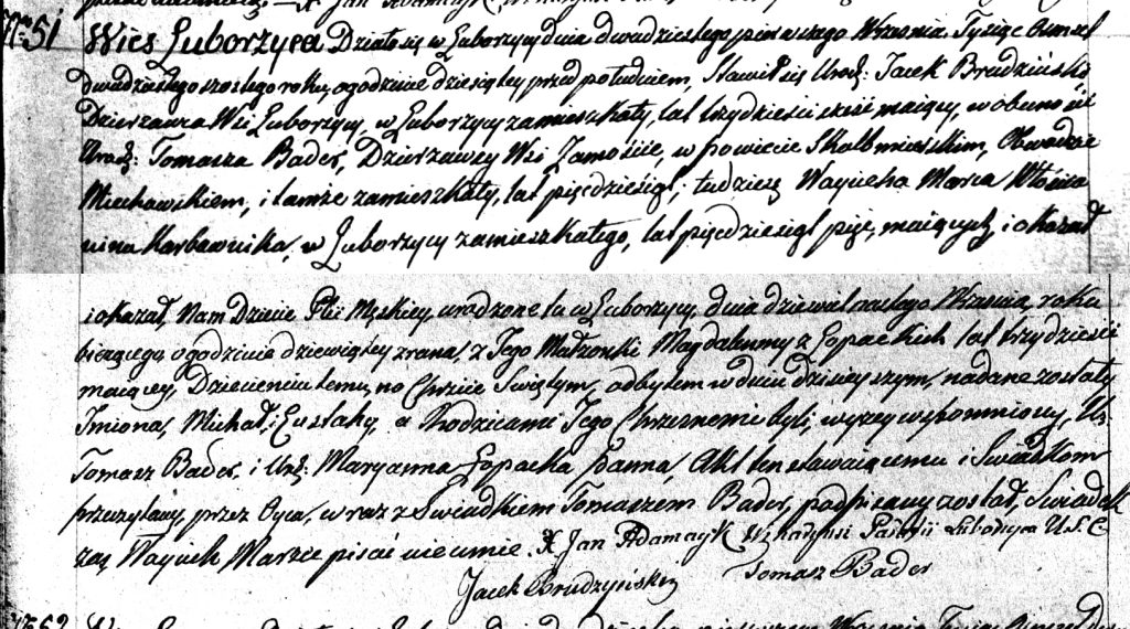 Akt urodzenia Michała Eustachego Brudzińskiego (ANK, ASC Luborzyca)